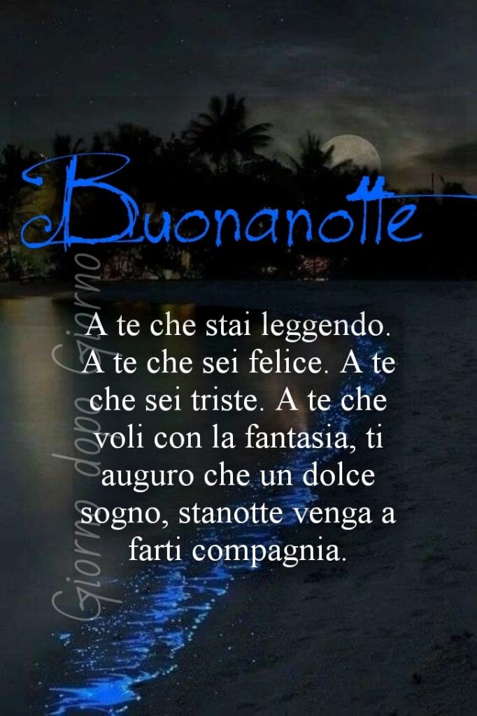 Buonanotte a te che stai leggendo. A te che sei felice. A te che voli con la fantasia, ti auguro che un dolce sogno, stanotte venga a farti compagnia.