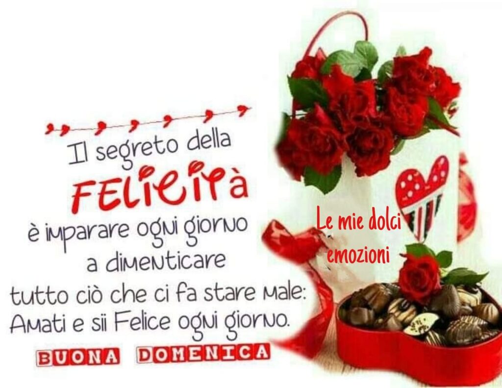 Il segreto della felicità è imparare ogni giorno a dimenticare tutto ciò che ci fa stare male: amati e sii felice ogni giorno. Buona Domenica