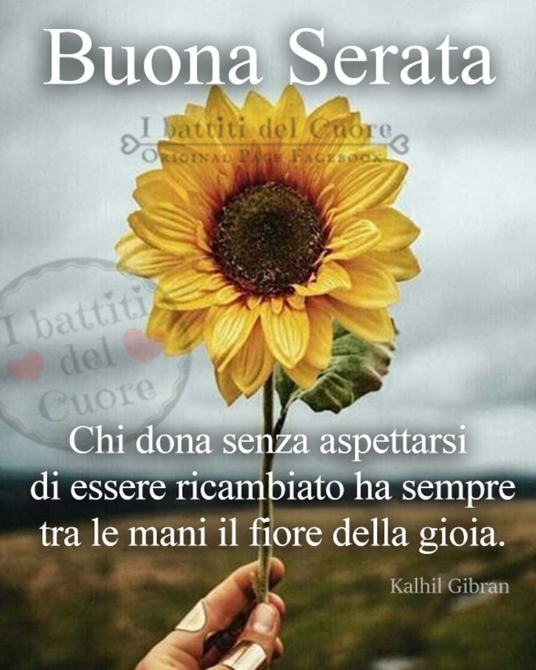 Buona serata. Chi dona senza aspettarsi di essere ricambiato ha sempre tra le mani il fiore della gioia. (Kalhil Gibran)