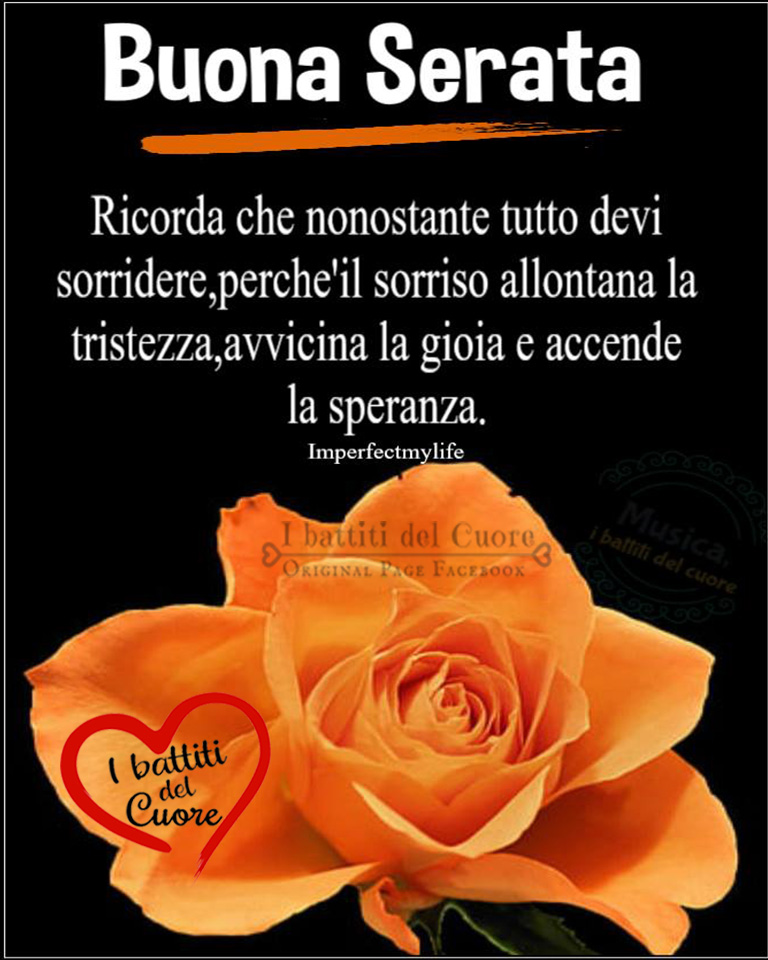 Buona Serata. Ricorda che nonostante tutto devi sorridere, perché il sorriso allontana la tristezza, avvicina la gioia e accende la speranza.