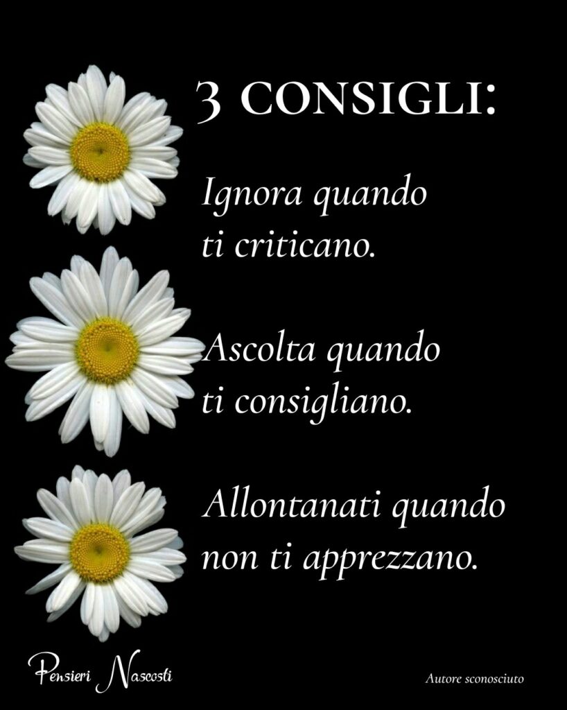 3 consigli: ignora quando ti criticano, ascolta quando ti consigliano, allontanati quando non ti apprezzano.