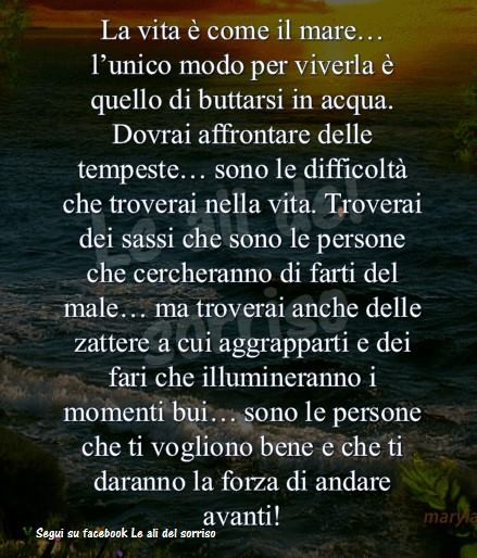 La vita è come il mare... l'unico modo per viverla è quello di buttarsi in acqua. Dovrai affrontare delle tempeste... sono le difficoltà che troverai nella vita.....