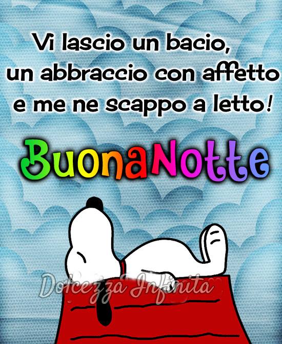 Vi lascio un bacio, un abbraccio con affetto e me ne scappo a letto! - Buonanotte Snoopy