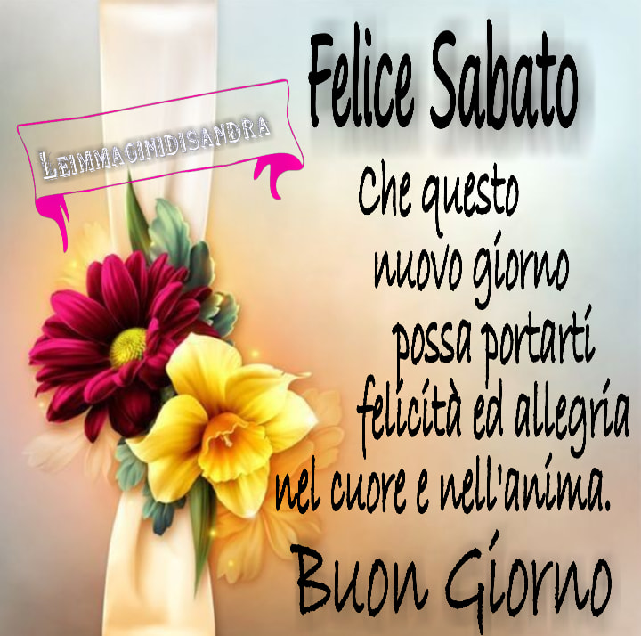 Felice Sabato. Che questo nuovo giorno possa portarti felicità ed allegria nel cuore e nell'anima. Buon Giorno