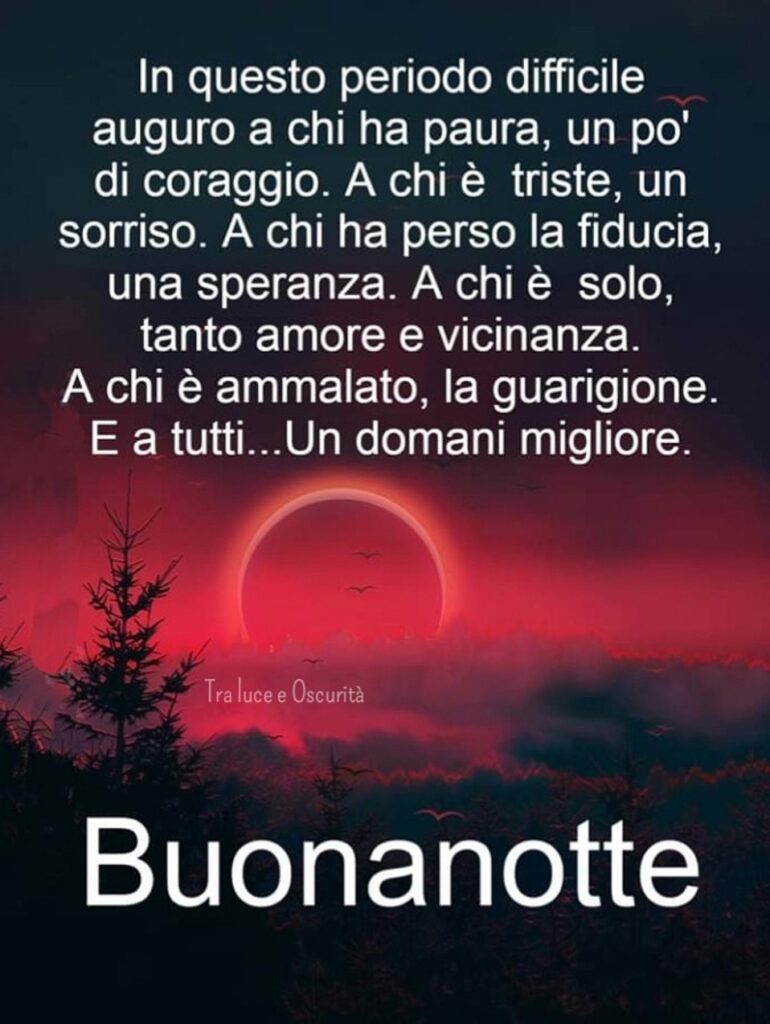 In questo periodo difficile auguro a chi ha paura, un pò di coraggio. A chi è triste, un sorriso. A chi ha perso la fiducia, una speranza. A chi è solo, tanto amore e vicinanza.... Buonanotte