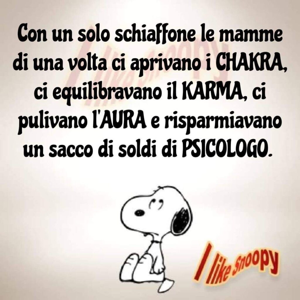 Con un solo schiaffone le mamme di una volta ci aprivano i chakra, ci equilibravano il karma, ci pulivano l'aura e risparmiavamo un sacco di soldi di psicologo. - le verità di Snoopy